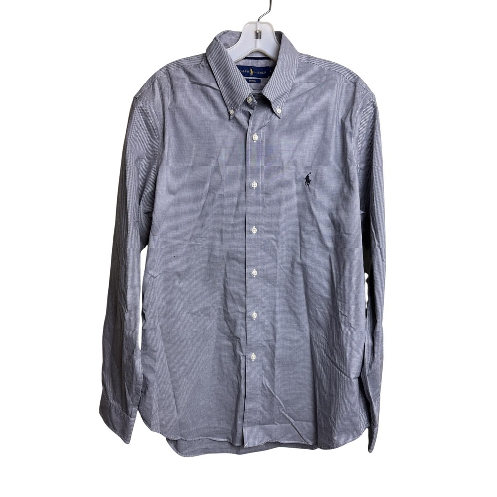 Ralph Lauren Men Large Gingham Button Down Shirt Grey White Long Sleeve L